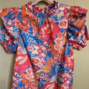 Red and Blue Ruffled Short Sleeve Boutique Blouse S/M